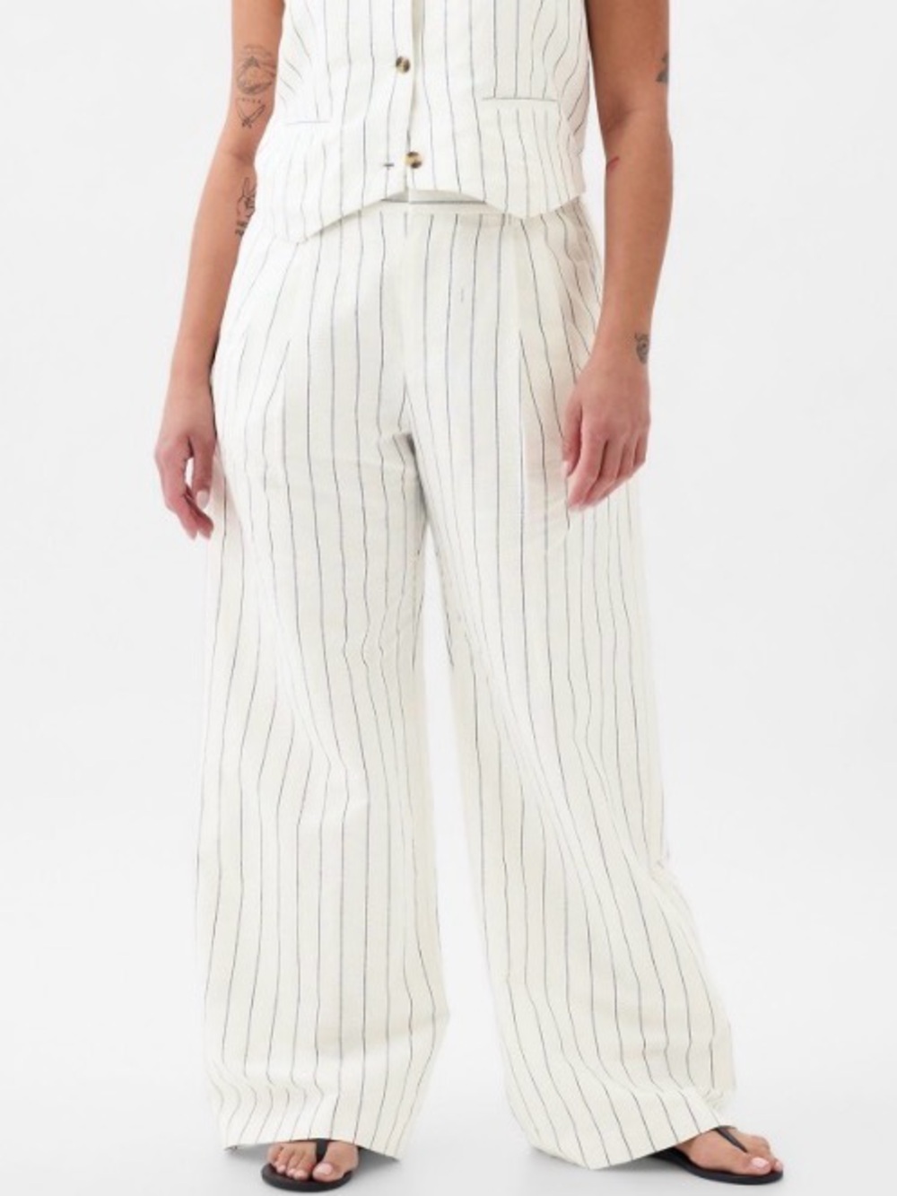 GAP Linen Blend Easy Trouser Pants Size 8 Cream with Black Pinstripe Wide Leg